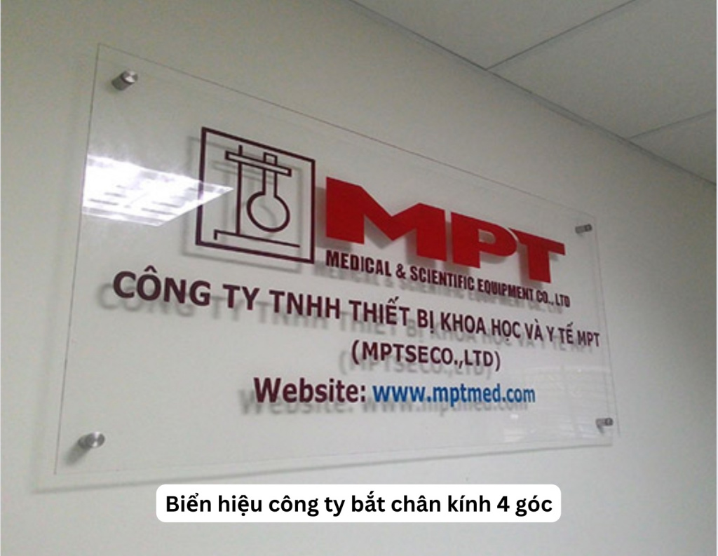 Biển hiệu công ty bắt chân kính 4 góc