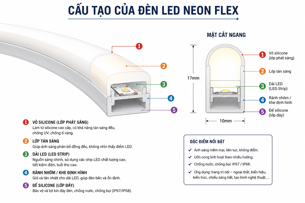 Chip LED được bố trí liên tục dọc theo chiều dài dải đèn