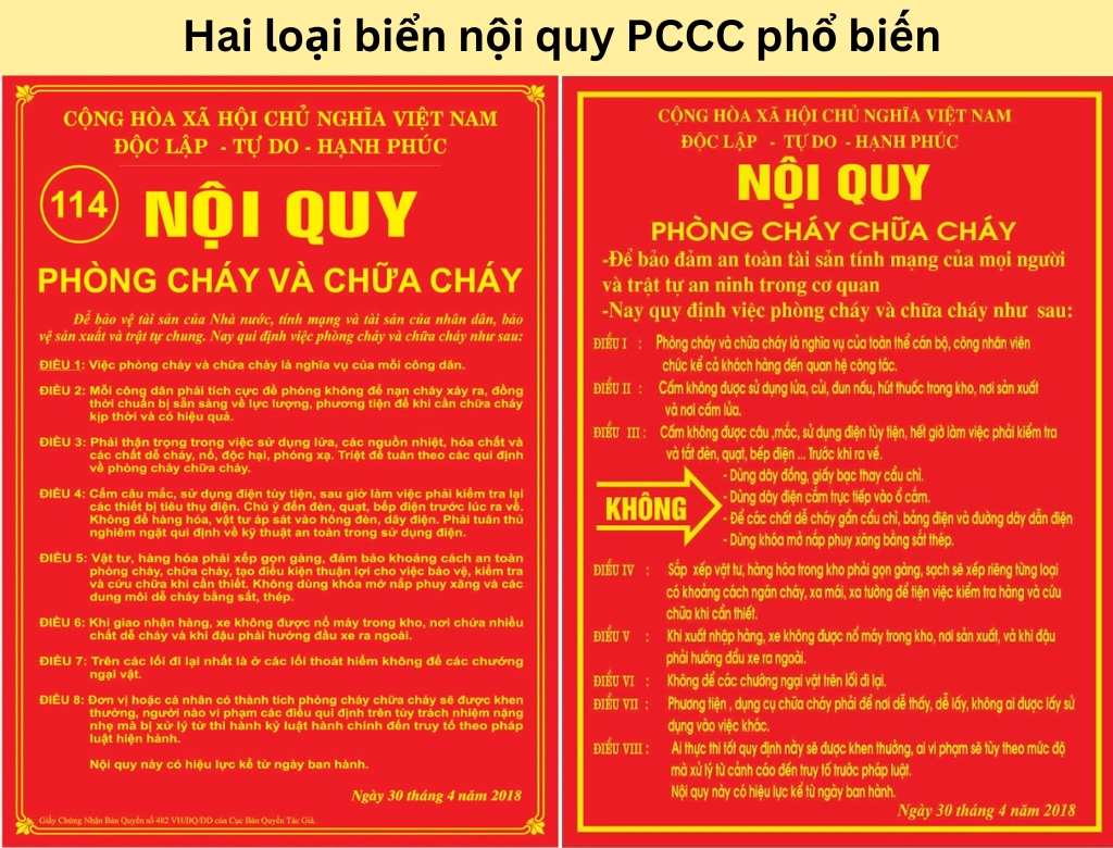 Hai mẫu biển nội quy PCCC được sử dụng phổ biến