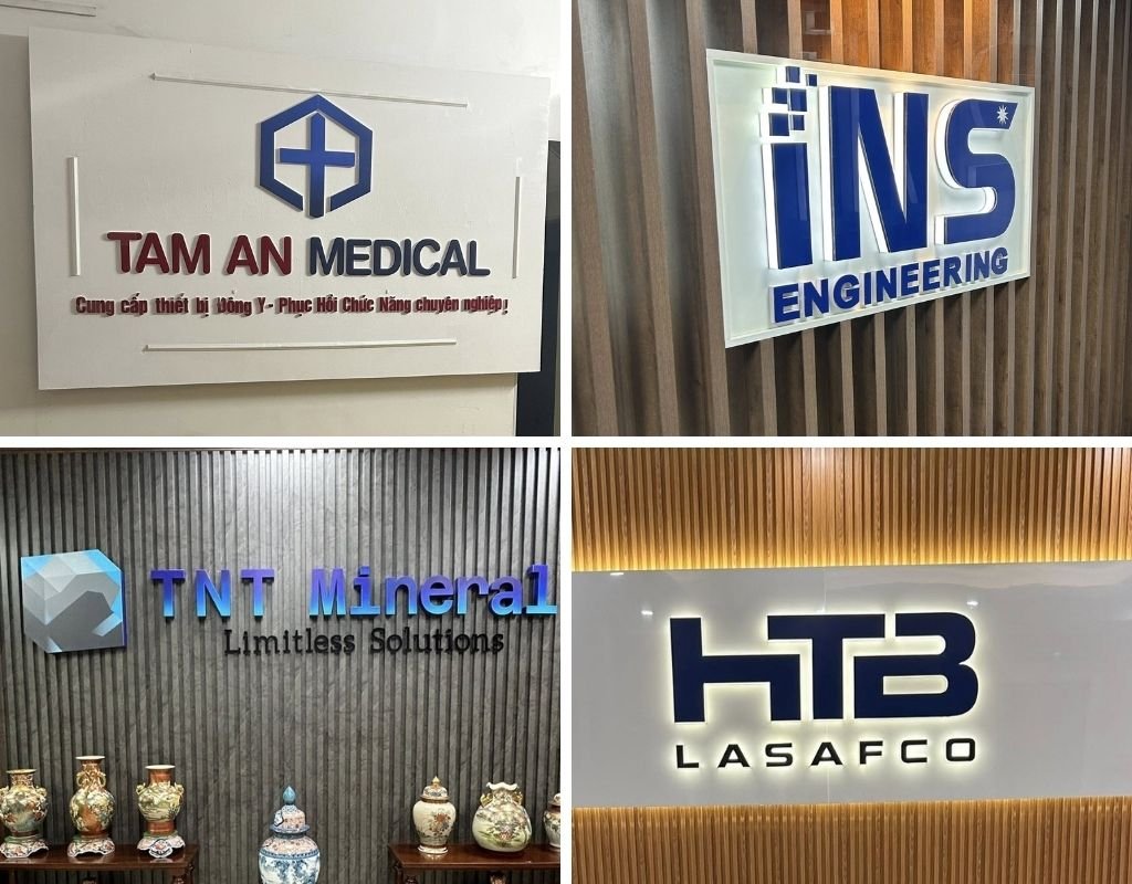 Backdrop, logo công ty nằm ở ngay khu vực tiếp khách, lễ tân