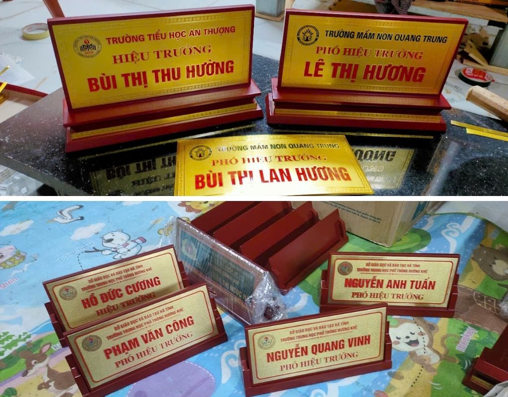 Biển chức danh hiệu trưởng, phó hiệu trưởng đa số làm bằng đồng gỗ