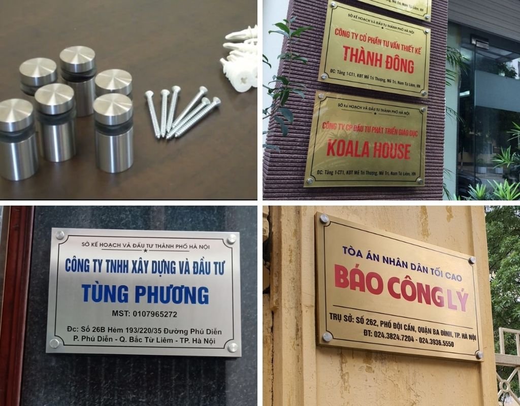 Cấu tạo, quy cách của biển công ty bắt trụ inox 4 góc