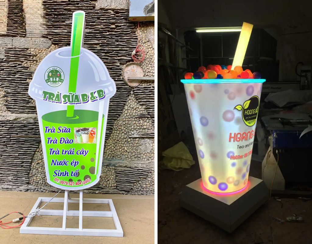 Hộp đèn ly trà sữa phẳng vs dạng mô hình 3D thật